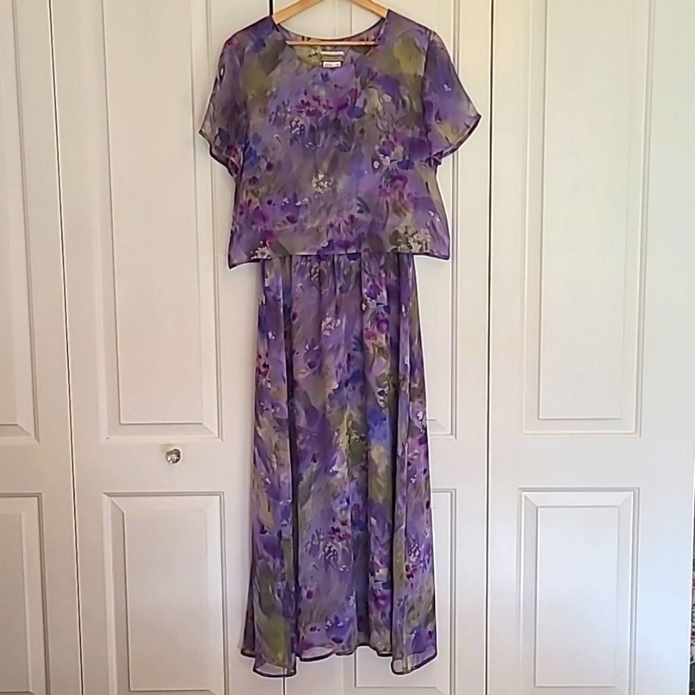 Coldwater Creek Maxi Dress Purple Green Floral 100% Silk Flowy Size 10